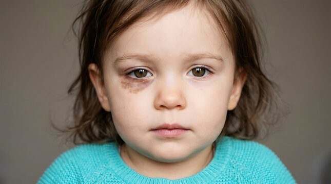 Close-up portrait of toddler with facial birthmark, neutral expression