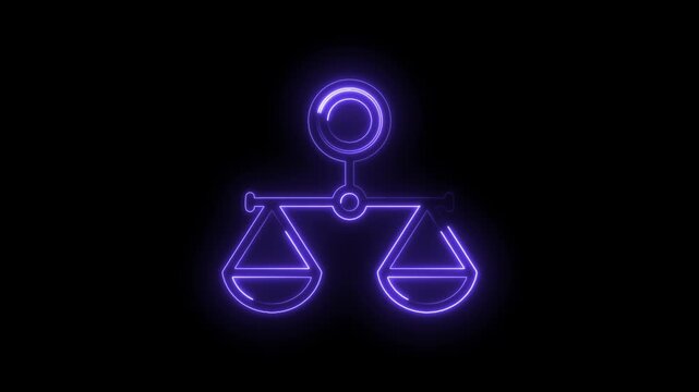 Glowing purple neon balance scales icon animation on black background abstract legal justice