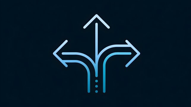 Direction arrow icon with multiple paths. Choice and decision making symbol. Strategy, planning and alternative route concept. Navigation, growth and progress pictogram for business scenarios.
