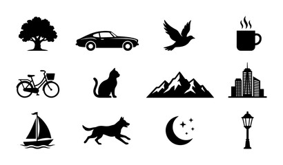Obraz premium Diverse Silhouette Icon Set: Nature, Transport, Animals, Cityscape, Celestial, Objects, 12 Vector Elements for Design