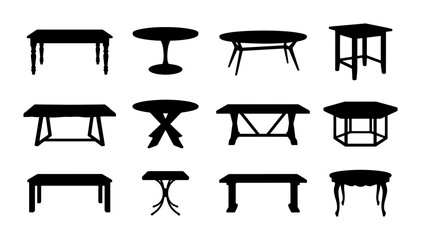 Fototapeta premium Set of 12 Black Silhouette Table Icons, Various Styles: Dining, Coffee, Accent Furniture Vector Graphics for Interior Design and Decor Concepts
