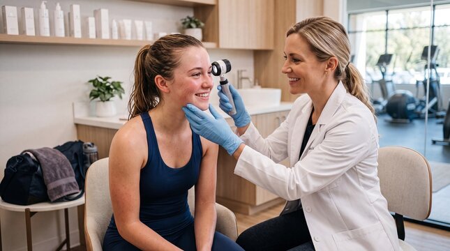 A female dermatologist wearing a white coat and blue gloves uses a dermatoscope to examine ad social media download thambnail poster web template event festival 2026 2027 2028