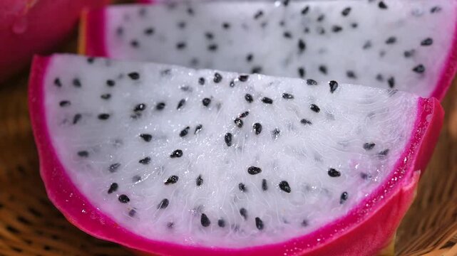 Fresh dragon fruits displayed on a rustic wooden plate, highlighting their vibrant pink skin and natural freshness. A healthy tropical fruit rich in fiber, antioxidants, and vitamin C, perfect for con