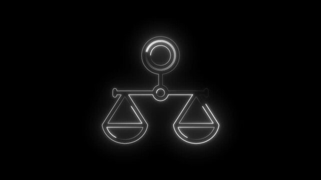 Glowing neon balance scales icon symbolizing justice fairness equilibrium and legal concepts on a