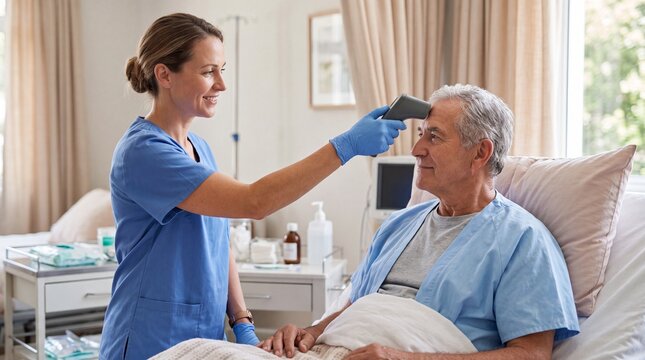 A female nurse wearing blue scrubs and gloves using a digital infrared thermometer to ad social media download thambnail poster web template event festival 2026 2027 2028