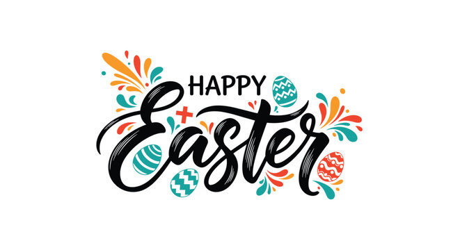 Happy Easter calligraphy text sign decorated with bright colorful easter eggs and fluid splash elements on white.