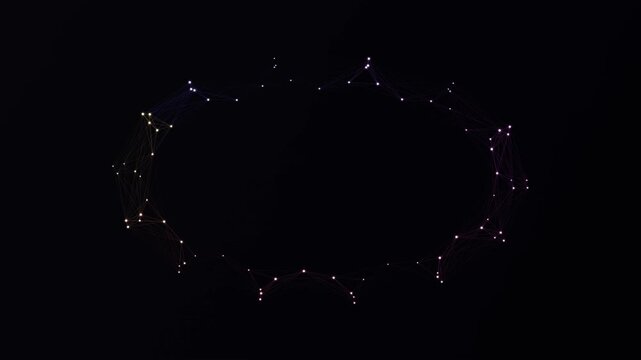 Glowing digital plexus network forming an oval shape with connecting points on black background
