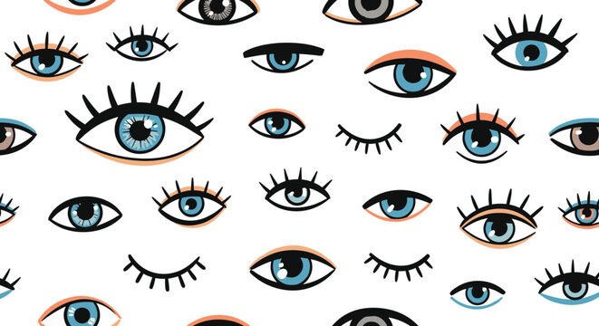 Seamless modern abstract pattern featuring various detailed hand-drawn human eyes on a clean white background.
