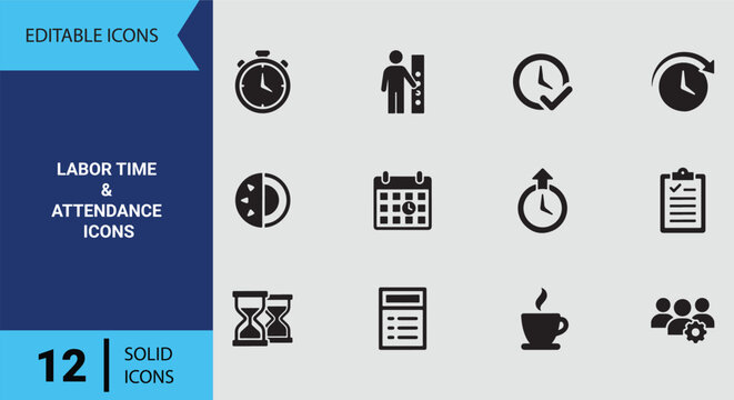 Labor time and attendance icons featuring clock tracking shift punch card management solid icon set