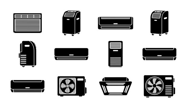 Air Conditioner Vector Icons Set, HVAC System Equipment Collection, Climate Control Devices, Cooling Appliances Graphics
