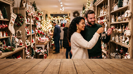 Obraz premium Happy young multi-ethnic couple choosing Christmas decorations together in a festive store interior