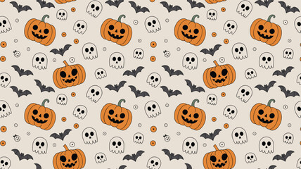 Obraz premium Spooky seamless halloween pattern with cute ghosts, bats, carved pumpkins, and stars on a light grey background.