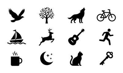 Fototapeta premium Set of 12 Black Silhouette Icons: Nature, Animals, Objects, and Activities for Graphic Design and Web Use