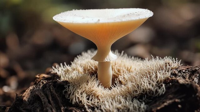 Close-up of a delicate white mushroom with dew drops growing on a decaying log surrounded by mycelium, showcasing nature's resilience and the cycle of life in a forest environment, symbolizing growth