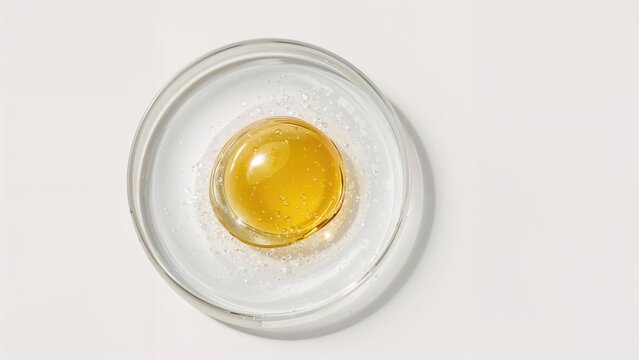 Genetically modified organism, GMO, egg in a laboratory dish with cells and transparent bowl on a white background. Biotechnology and genetic engineering concepts.