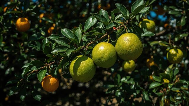 Green oranges on a tree branch with lush leaves. Agriculture and fruit harvesting, concept. Nature and healthy eating. The concept of orchard and fruit cultivation.