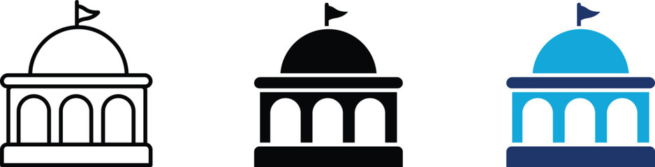 Government building dome icon set representing capitol building, bank architecture, legal courthouse, city hall, and public institution. Symbol of government authority, legal justice © Shahar