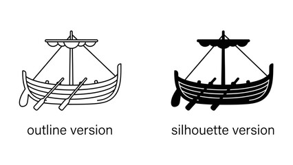 Viking Ship Icon: A set of icons depicting a Viking longship, one in an outline style and the other as a silhouette, representing ancient maritime travel and exploration. © Limon