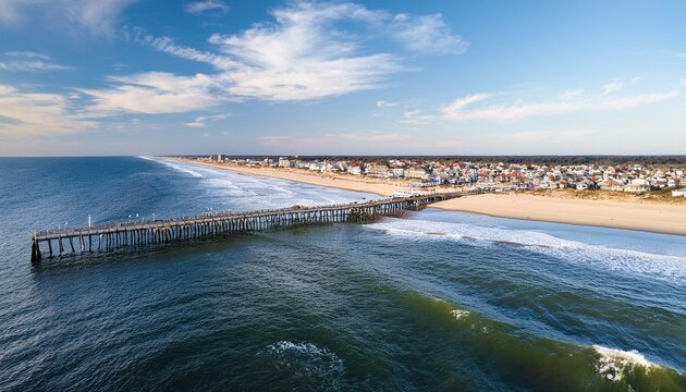 high angle view of long branch nj pier and village showing buildings beach and ocean jetty landscape