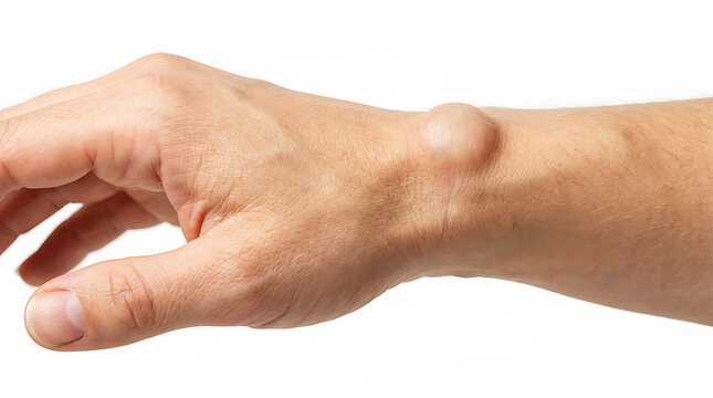 Ganglion cyst on back of human wrist, close-up view hand skin