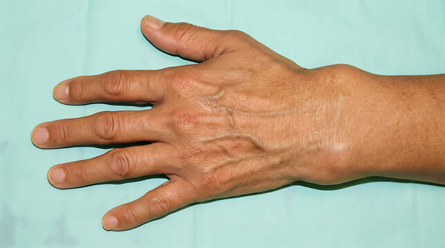 Human hand with rheumatoid arthritis, deformities, isolated on white background