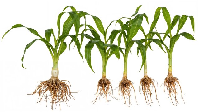 Young corn plants with roots attached, showing growth stages. Agriculture and crop development, nature and planting, sustainable farming techniques.