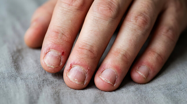 Close-up of fingers with bitten nails and red cuticles fingernails
