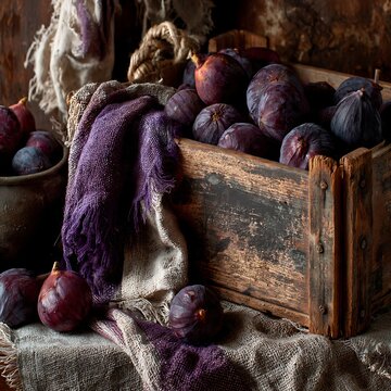 Rustic still life composition with fresh ripe purple figs in a wooden crate.