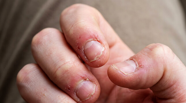 Close-up of fingertips with bitten and short nails fingernails