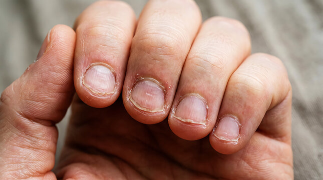 Close-up of fingertips with uneven, bitten nails and slight redness