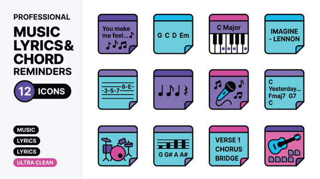Set of 12 Music Lyrics and Chord Reminders Icons on Sticky Notes