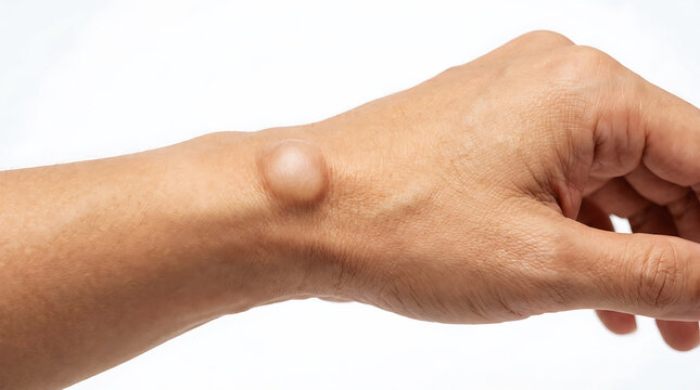 Close-up of ganglion cyst on human wrist skin bump