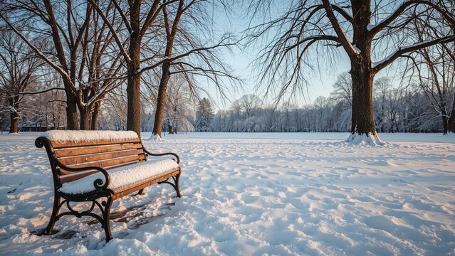 Snow-covered park with benches and leafless trees during winter.