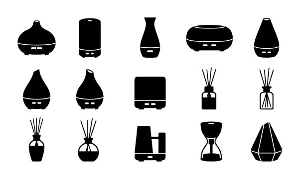 Aromatherapy Diffuser Icons Set, Essential Oil Diffuser Vector Collection, Modern Home Fragrance Devices, Black and White Silhouette Graphics