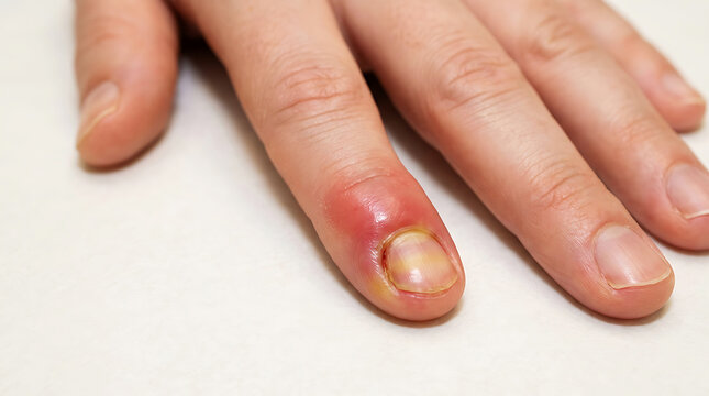 Close-up of human hand with inflamed nail fold and red nail finger