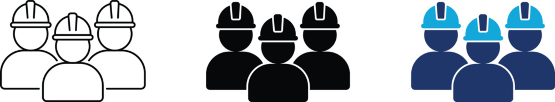 Construction team icon set representing industrial workers, safety helmet crew, contractor group, and building labor. Symbol of architecture, engineering, hard hat, work force, and development.