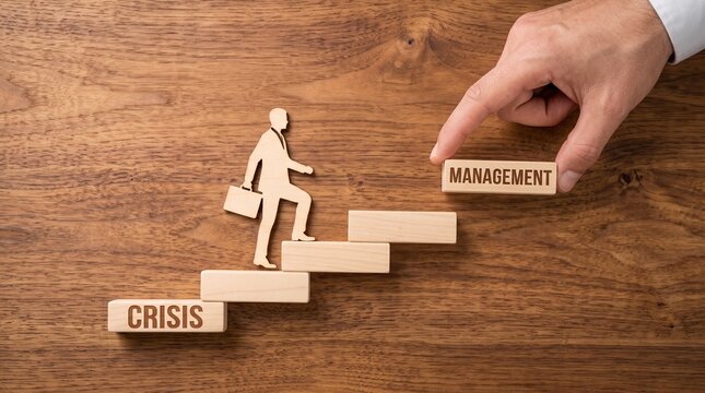 Crisis management concept with wooden blocks, businessman figure climbing stairs from crisis to management, corporate problem solving strategy