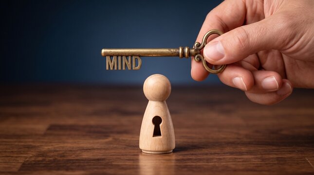 Vintage brass key with MIND text held over wooden peg person, conceptual mental health and psychology metaphor, unlocking human potential