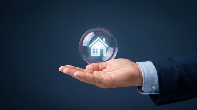 Real estate bubble concept with house icon inside soap bubble, businessman holding fragile property market value, home insurance and protection