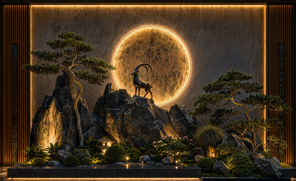 Luxury indoor rock garden with ibex and illuminated moon wall