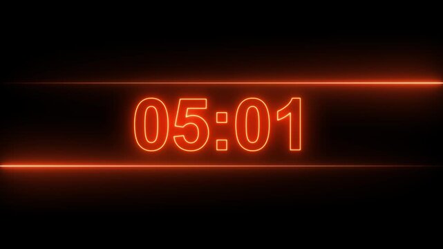 Glowing neon 10 minutes countdown digital timer on black background. Motion graphics of timer concept