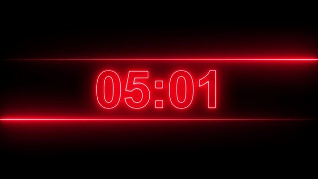 Glowing neon 10 minutes countdown digital timer on black background. Motion graphics of timer concept