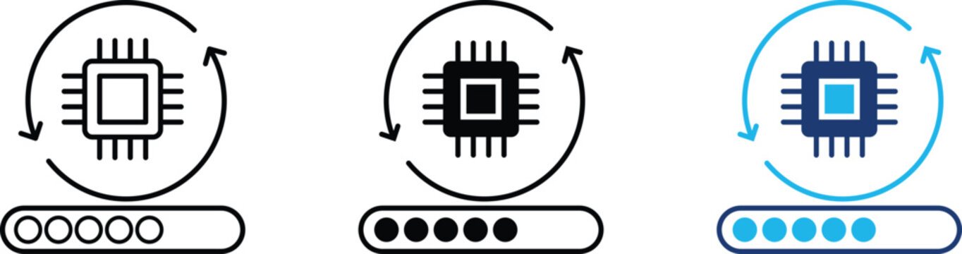 Microchip update icon set representing system upgrade, firmware installation, processor loading, and hardware technology. Symbol of CPU processing, progress bar, digital sync, and computing power.