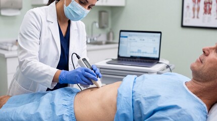 Fototapeta premium A doctor wearing a face mask and blue gloves uses a handheld ultrasound device on the ad social media download thambnail poster web template event festival 2026 2027 2028