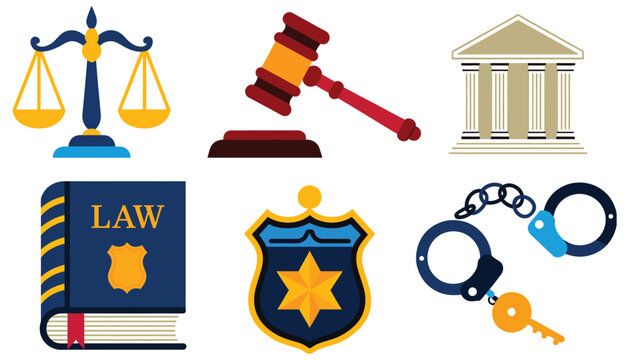 set of law and justice icons, scales gavel courthouse police badge handcuffs legal book authority symbols, vector illustration collection for legal services, court system, and security concepts.