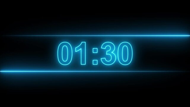 3 minute stopwatch , analog glowing neon clock icon animation on black background. Dynamic 3 minute countdown timer with neon effect.