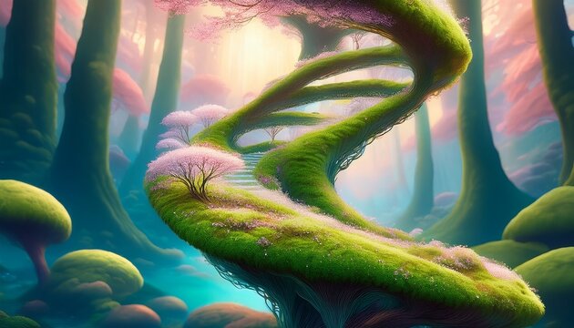 whispering mosses ascend a pastel dreamscape unfurling in a tilted world nature s gentle spiral serene ethereal