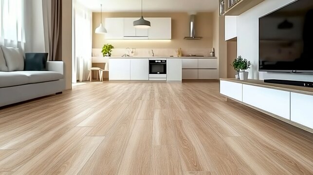 Minimalist living room and kitchen with wooden floor