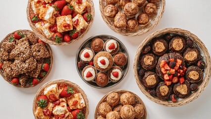 Fototapeta premium Assorted desserts and snacks in bowls, including strawberries, strawberries with cream, chocolate truffles, and assorted sweet bites.