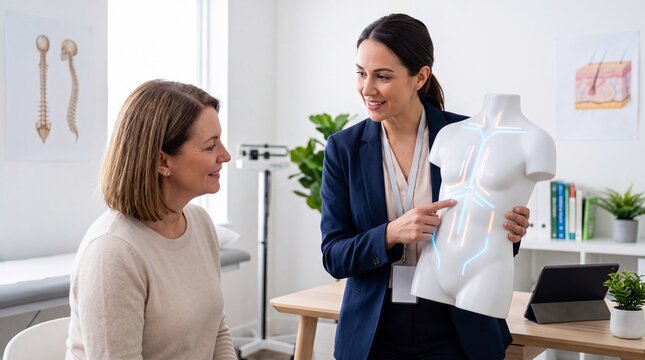 A female doctor in a white coat explains digestive health to a patient by pointing at an ad social media download thambnail poster web template event festival 2026 2027 2028